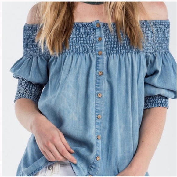 Miss Me Tops - Miss Me Smocked Chambray Top
